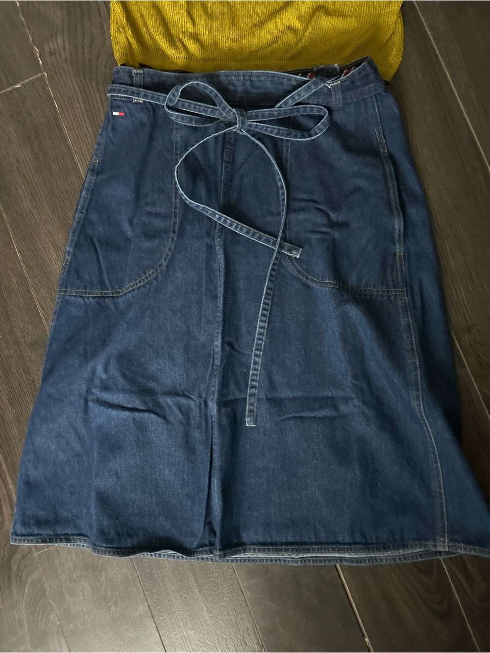 Tommy Hilfiger Dark Blue Denim A-Line Skirt with Tie Waist L